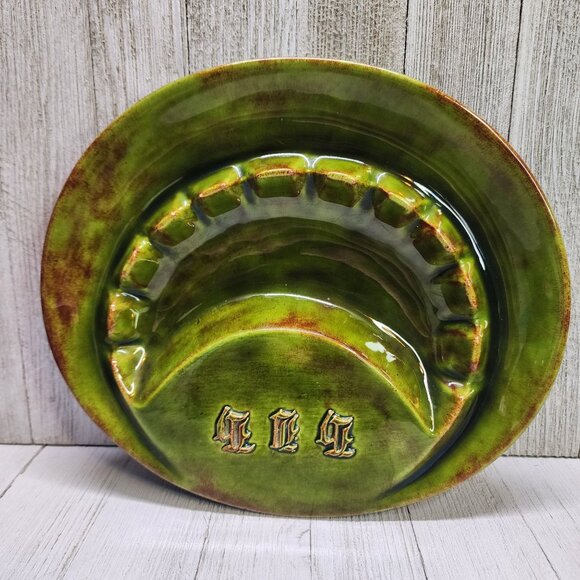 Vtg Glazed Green Two Toned Ceramic Ashtray with 11 Slots German Gothic Markings - Picture 3 of 10